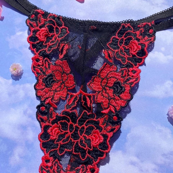 Embroidered Red & Black Sheer Floral Lace, Mesh T… - image 5