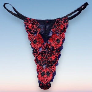 Embroidered Red & Black Sheer Floral Lace, Mesh Thong Panty | Y2K Deadstock Vintage