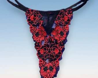 Embroidered Red & Black Sheer Floral Lace, Mesh Thong Panty | Y2K Deadstock Vintage