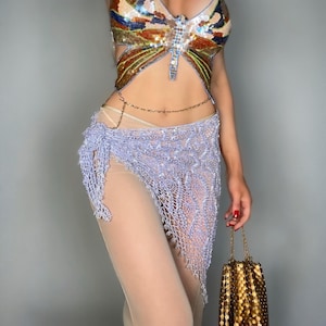 70s Crochet Sheer Pastel Fairy Fringe Sarong Skirt: Hand-Beaded Festival Mini Skirt Cover-Up