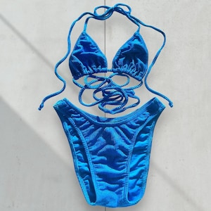 90&#39;s Small Bikini Set Textured | Rib Slide Triangle Brazilian Cut Cheeky Swimsuit, High-Waisted Matching Bikini Set