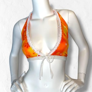 Y2K Deadstock Orange Crush Bikini Top XL | 2000s Vintage Floral Halter Bralette | Ruffle Trim | D/DD Cup | USA Made Swimwear