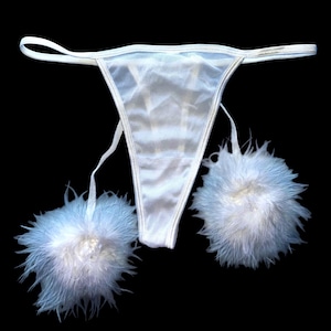 Fluffy White Mesh Thong Panty Coquette Pom Lingerie | Y2K Valentines Deadstock Vintage