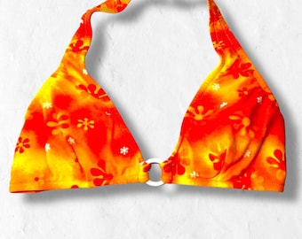 90s Orange Crush Floral Bikini Top | Y2K Halter Bralette with O-Ring, Medium