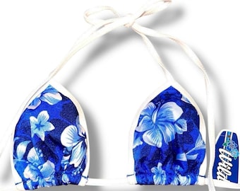 Y2K Coquette Blue  Floral Triangle Swimsuit Bikini Top, Vintage Boho