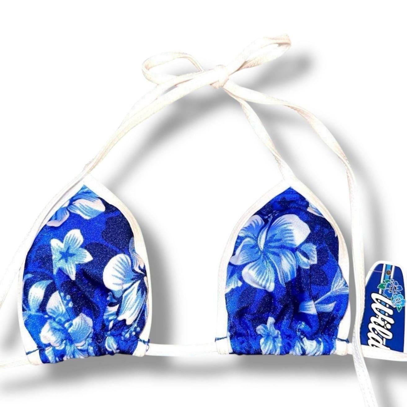 Y2K Coquette Blue Floral Triangle Swimsuit Bikini Top, Vintage