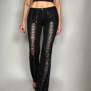 Y2K Low-Rise Lace-Up Bootcut Jeans XS Stretch Denim Cutout Rhinestone McBling Vintage Pants image 2