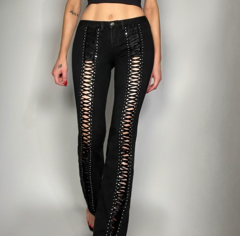Y2K Low-Rise Lace-Up Bootcut Jeans XS Stretch Denim Cutout Rhinestone McBling Vintage Pants image 2