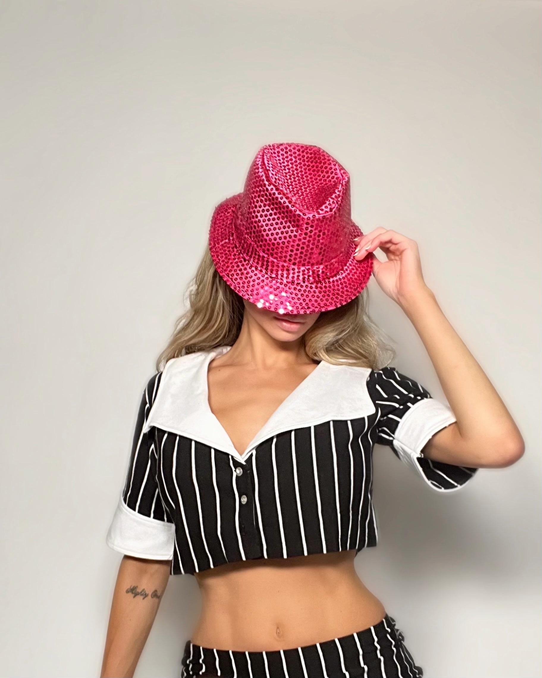 Y2K Mob-wife Costume Hat - Pink Sequin Hat Gangster Cosplay 
