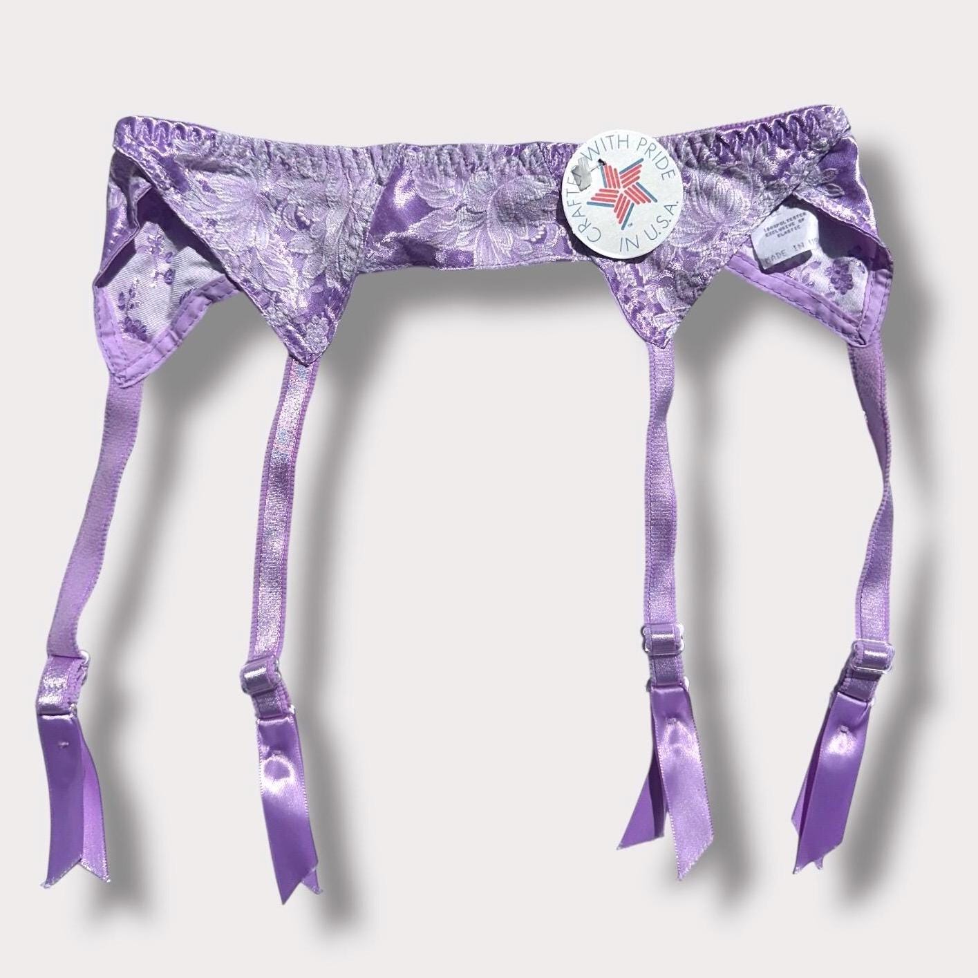 Vintage Orchid Purple Satin Garter Belt: Floral Embroidered Suspender