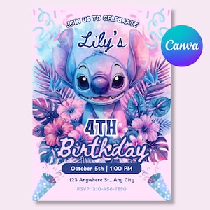 May include: A pink birthday invitation featuring a blue cartoon character surrounded by flowers and leaves. The text reads "Join us to celebrate Lily's 4th Birthday" with date, time, and RSVP information. The Canva logo is in the upper right corner.