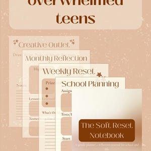 Può includere: Un set di pagine per agenda in una palette di colori beige chiaro con testo marrone scuro. Le pagine presentano titoli tra cui A gentle reset for overwhelmed teens, Creative Outlet, Monthly Reflection, Weekly Reset, School Planning e The Soft Reset Notebook.