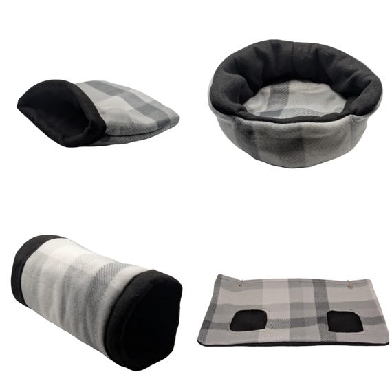Guinea Pig Fleece Hidey Grey Tartan Print Black Fleece. Cuddle Cup, Tunnel, Snuggle Sack, Corner Forest, Hay Bag