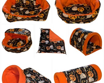 Polaire cochon d'Inde Hidey Halloween imprimé et polaire orange. Tasse câlin, tunnel désossé, sac câlin, tunnel en mousse, tasse câlin à capuche, canapé