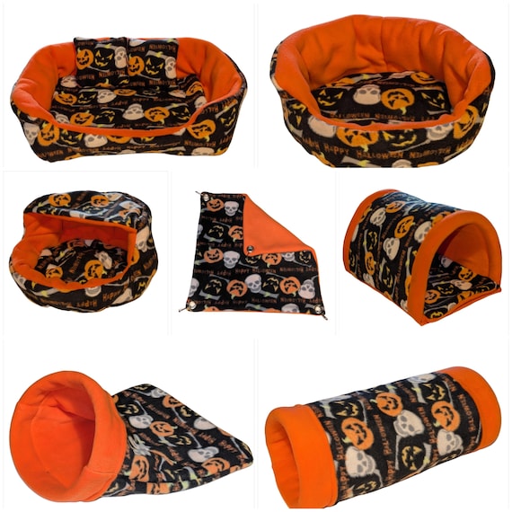 Guinea Pig Fleece Hidey Halloween Print and Orange Fleece. Cuddle Cup, Boned Tunnel, Snuggle Sack, Foam Tunnel, Hooded Cuddle Cup, Sofa