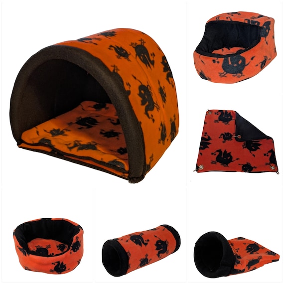 Guinea Pig Fleece Hidey Orange Dragon Print Black Fleece. Cuddle Cup, Tunnel, Snuggle Sack, Hooded Cuddle Cup, Cosy Cave, Hammock