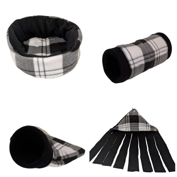 Guinea Pig Fleece Hidey Black and White Tartan Print Black Fleece. Cuddle Cup, Tunnel, Snuggle Sack, Corner Forest
