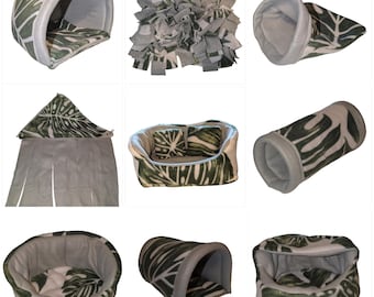 Molleton de cochon d'Inde Hidey imprimé feuilles tropicales. Tasse câlin, tunnel, sac câlin, coin de forêt, tapis anti-reniflement, canapé, tunnel en mousse, grotte confortable