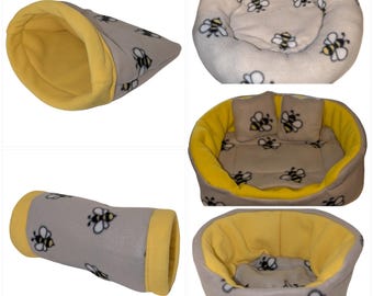 Guinea Pig Fleece Hidey Grey Bee Print Yellow Fleece. Cuddle Cup, Tunnel, Snuggle Sack, Sofa, Corner Forest, Hammock, Hay Bag, Donut Bed
