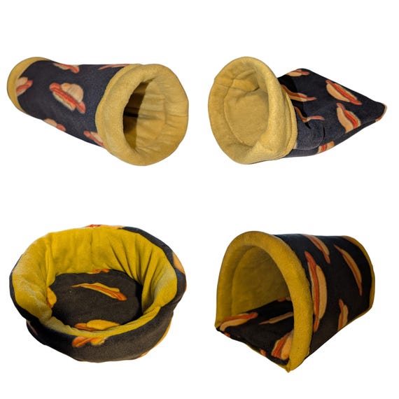Guinea Pig Fleece Hidey Hot Dog Print. Cuddle Cup, Tunnel, Snuggle Sack, Foam Tunnel