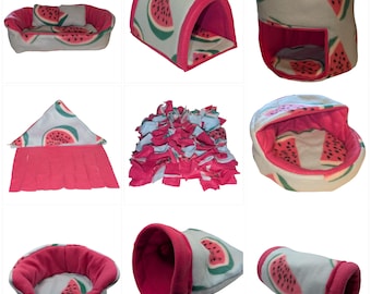 Guinea Pig Fleece Hidey Watermelon Print. Cuddle Cup, Tunnel, Snuggle Sack, Piggy Postbox, Corner Forest, Snuffle Mat, Sofa, Foam Tunnel