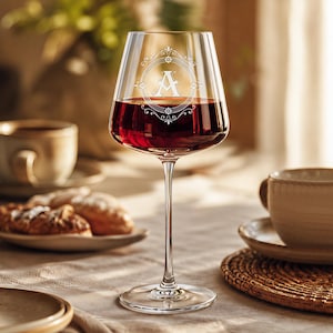 May include: A clear glass wine glass filled with deep red wine. The bowl of the glass features an etched white decorative circular frame with floral accents surrounding a prominent capital letter A in the center, set on a thin, tall stem.