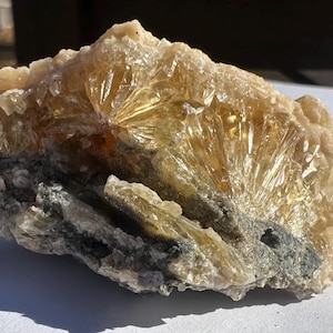 May include: A natural mineral specimen with a cluster of radiating, translucent, golden-yellow crystals. The crystals are set against a matrix of grey and beige rock, creating a striking contrast. The overall form is irregular and textured.