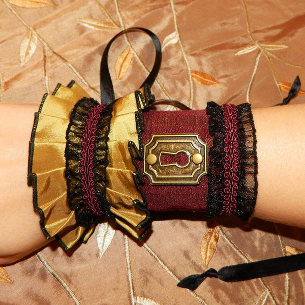 Victorian Steampunk Keyhole Single Wrist Cuff -- Ready to Ship -- Burgundy, Black, & Gold with Antique Brass