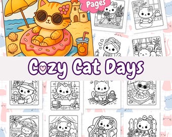 Cozy Cat Days : Cute Cats Coloring Pages Printable Instant Digital Download PDF for Kids and Adults