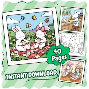 May include: A digital download featuring a collection of illustrations with a bunny theme. The images include bunnies having a picnic, baking, and relaxing. The text "40 Pages" is visible, along with "Instant Download". The illustrations are in color and black and white.