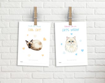 Printable Watercolor Cat Valentine Cards Set - 4 Unique Breeds & Puns