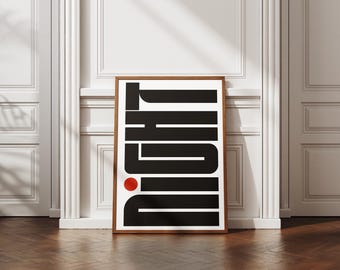 Night Typography Art Print, Minimalist Black White Red Geometric Poster (Digital Download)
