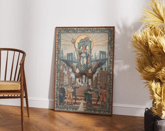 Vintage Allegorical New York City Print, Brooklyn Bridge Art, E Pluribus Unum Goddess Griffin