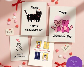 Printable Valentine's Day Cards Set - 4 Designs: Cats, Finger Heart, Long Distance - Digital Download