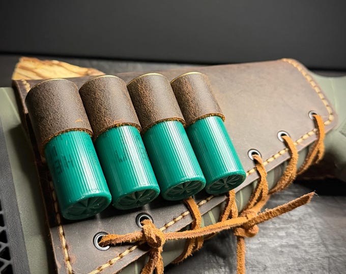 Featured listing image: "The Twelve" Buttstock Cover in Full-Grain Buffalo Brown & Suede Leather Lace