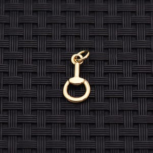 May include: A gold-colored pendant in the shape of a horse bit. The pendant has a ring at the bottom and a smaller ring at the top for attaching to a chain. The background is a black woven pattern.