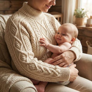 May include: A person wearing a cream-colored cable-knit sweater holds a smiling baby. The sweater has a high neck and intricate patterns. The baby is wearing a diaper and has fair skin.