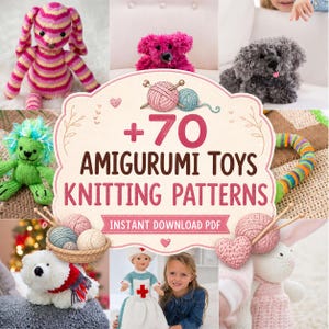 Puede incluir: Un collage de varios juguetes amigurumi hechos a mano, incluyendo un conejito a rayas rosa y amarillo, un perro rosa y un perro gris. La imagen también presenta un león verde, un oso polar blanco, una muñeca y un conejito. El texto dice "+70 Amigurumi Toys Knitting Patterns".