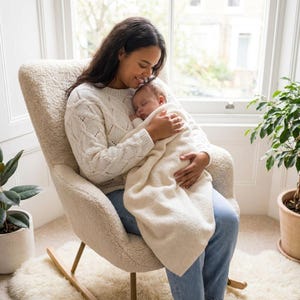May include: A woman in a cream-colored cable-knit sweater and blue jeans cradles a sleeping baby wrapped in a cream-colored blanket. They are seated in a cream-colored rocking chair. A small plant in a pot is visible in the background.