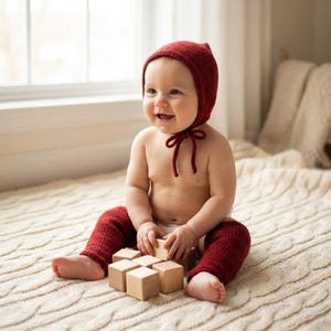 Puede incluir: Un bebé sonriente con un gorro y polainas de punto burdeos está sentado sobre una manta de punto trenzado color crema. El bebé juega con bloques de madera. El gorro tiene un lazo debajo de la barbilla.