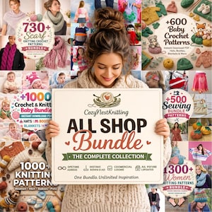 Pode incluir: Uma mulher segura uma placa para o Cozy Nest Knitting All Shop Bundle, com padrões de tricô, crochê e costura. A placa anuncia padrões para cachecóis, artigos para bebês e roupas femininas. A imagem mostra exemplos de produtos acabados.