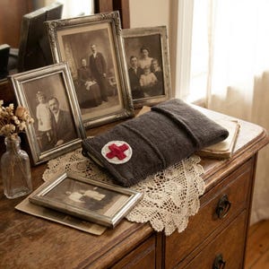 May include: A dark gray knitted case with a red cross emblem, resting on a wooden surface with antique framed photographs. The case is rectangular with a folded top. A small glass bottle with dried flowers is also present.