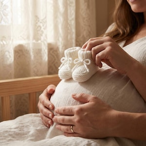 Könnte beinhalten: Ein Paar weiße gestrickte Babyschuhe mit Schleifendetails. Die Schuhe werden über einem schwangeren Bauch gehalten, was auf ein Baby-Thema hindeutet. Das Bild ist sanft beleuchtet, mit Fokus auf die Schuhe und die Hände der werdenden Mutter.