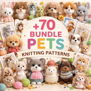 Puede incluir: Una colección de varios patrones de animales de punto. La imagen presenta una variedad de animales de peluche, incluyendo perros, gatos y un conejo. El texto en la imagen dice "+70 Bundle Pets Knitting Patterns."