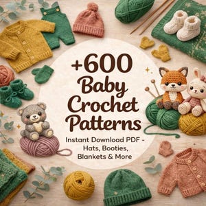 600+ Babyvirkmönsterpaket, Mössor, Tossor, Filtar, Amigurumi | PDF-nedladdning