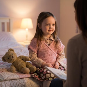 May include: A young girl wearing a pink sweater and floral skirt sits on a bed with a teddy bear. She is looking at a book being held by another person. A lit lamp and a bed frame are in the background.