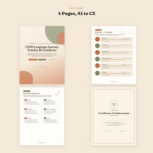 May include: A four-page CEFR Language Journey Tracker and Certificate set. The pages feature a gradient cover, an A1 to C2 path checklist, a skills assessment sheet titled Can I Do This Yet, and a Certificate of Achievement with blank lines.