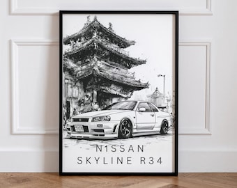 日産スカイライン R34 ドリフトアートプリント：水彩画カーポスター