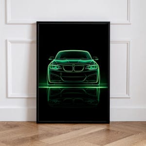 Neon Green Car Print, BMW Modern Automotive Artwork, Stylish Sports Car Poster, Garage Decor
