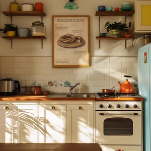 May include: A retro kitchen scene with a light blue refrigerator, white cabinets, and a vintage stove. Wooden shelves hold plants and jars. An orange kettle sits on the stove, and a framed poster hangs on the wall. The kitchen is bathed in sunlight.